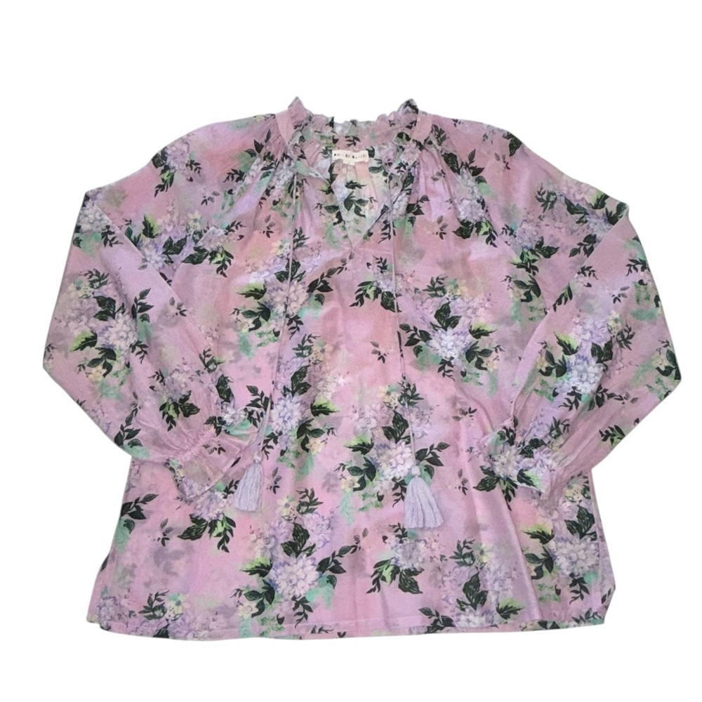 Roller Rabbit Pink Floral Tassel Tie Boho Peasant Top XS Cotton Silk Blend
